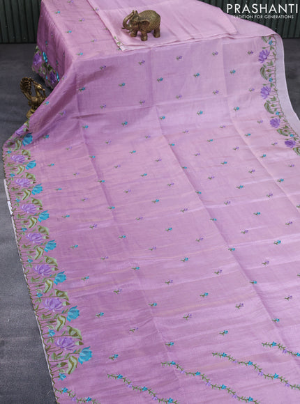 Crush tissue saree mauve pink with embroidery work buttas and floral embroidery work border