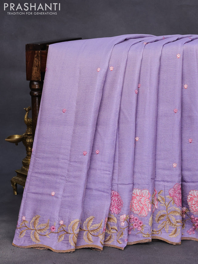 Crush tissue saree lavender with embroidery work buttas and floral embroidery work border