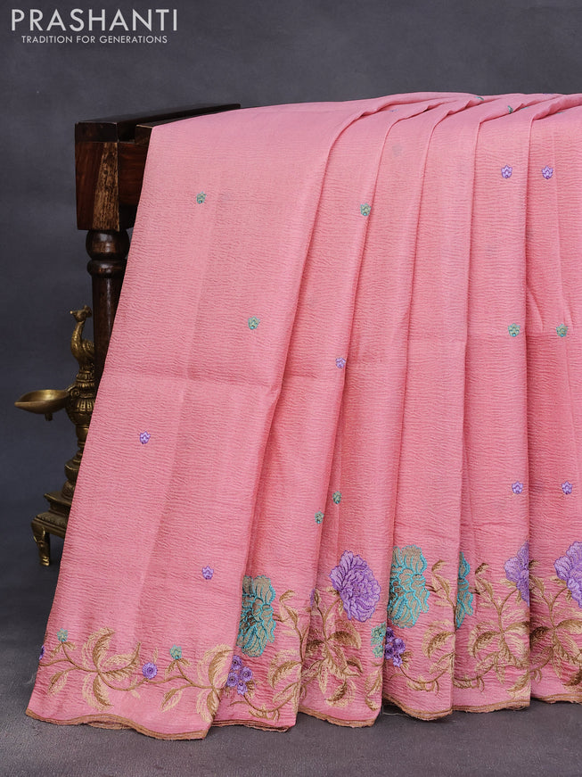 Crush tissue saree peach pink with embroidery work buttas and floral embroidery work border