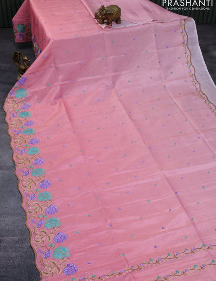 Crush tissue saree peach pink with embroidery work buttas and floral embroidery work border