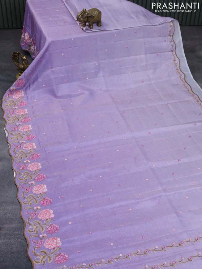 Crush tissue saree lavender with embroidery work buttas and floral embroidery work border