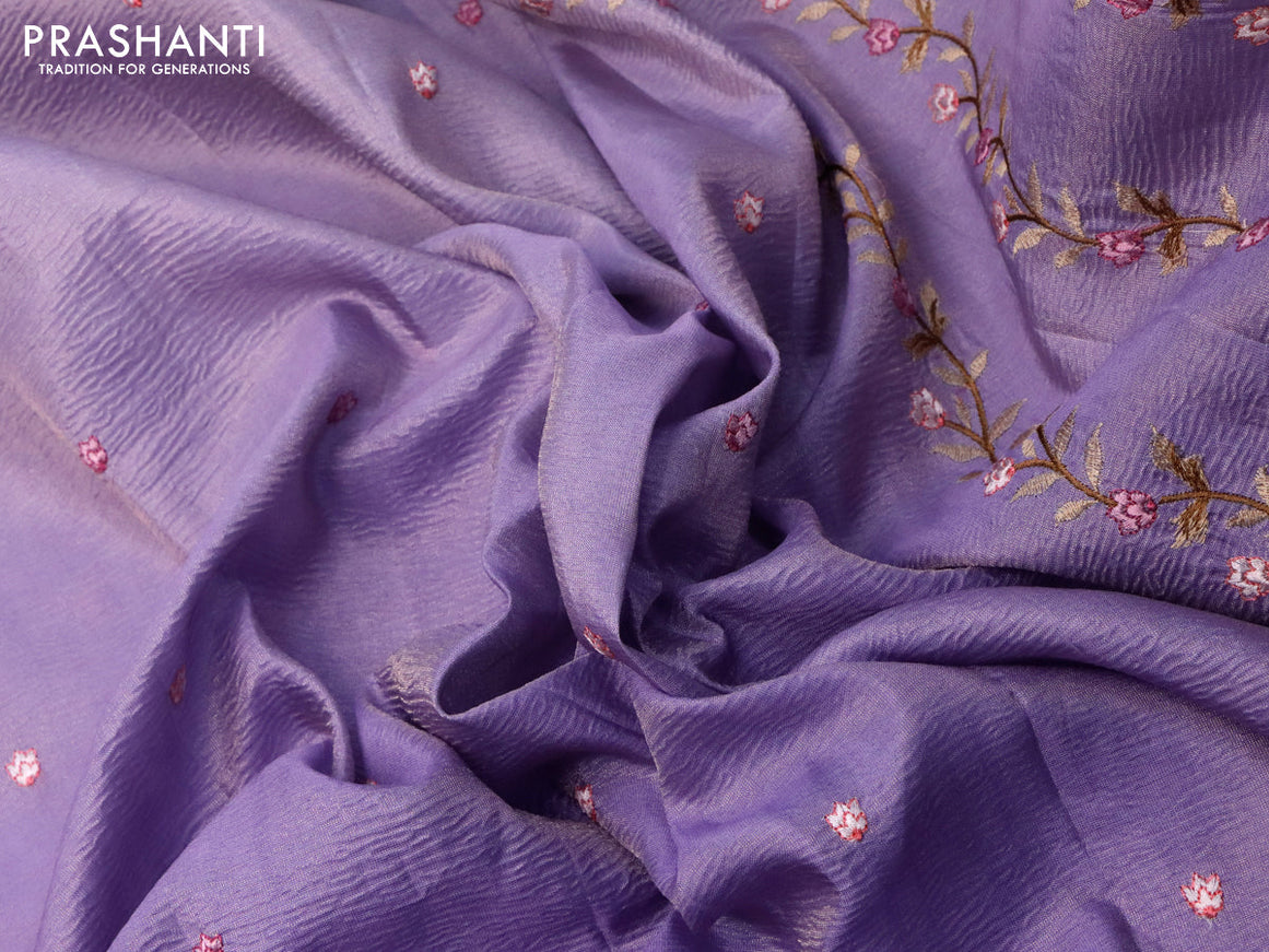 Crush tissue saree lavender with embroidery work buttas and floral embroidery work border