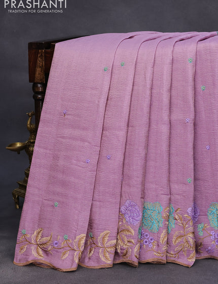 Crush tissue saree mauve pink with embroidery work buttas and floral embroidery work border