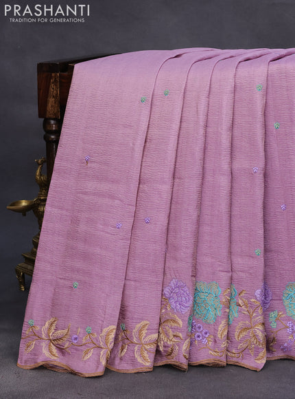 Crush tissue saree mauve pink with embroidery work buttas and floral embroidery work border