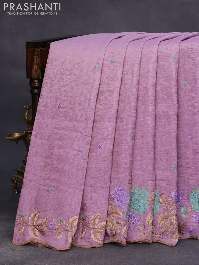 Crush tissue saree mauve pink with embroidery work buttas and floral embroidery work border