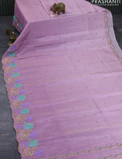 Crush tissue saree mauve pink with embroidery work buttas and floral embroidery work border