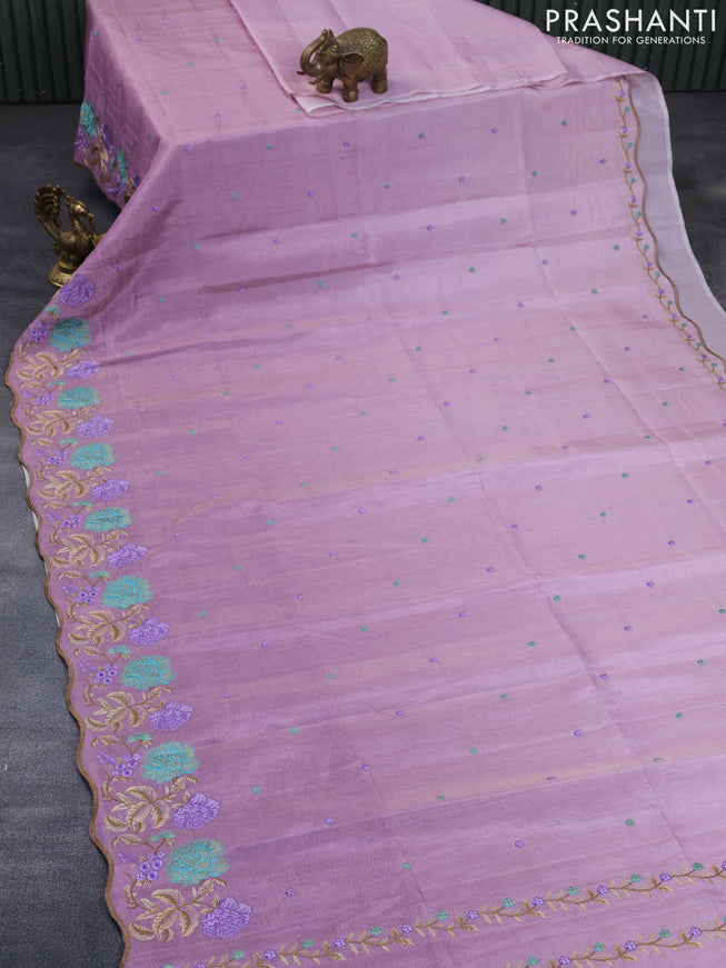 Crush tissue saree mauve pink with embroidery work buttas and floral embroidery work border