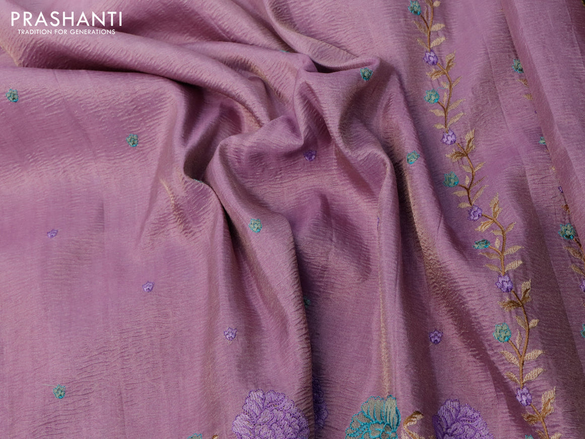 Crush tissue saree mauve pink with embroidery work buttas and floral embroidery work border