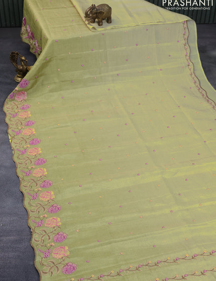 Crush tissue saree pista green with embroidery work buttas and floral embroidery work border