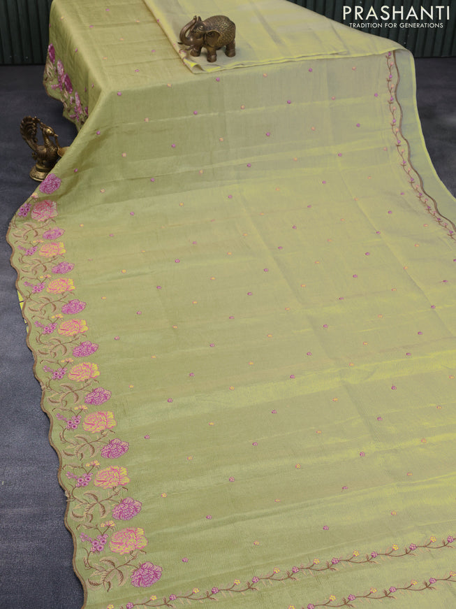 Crush tissue saree pista green with embroidery work buttas and floral embroidery work border