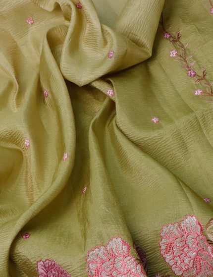 Crush tissue saree pista green with embroidery work buttas and floral embroidery work border