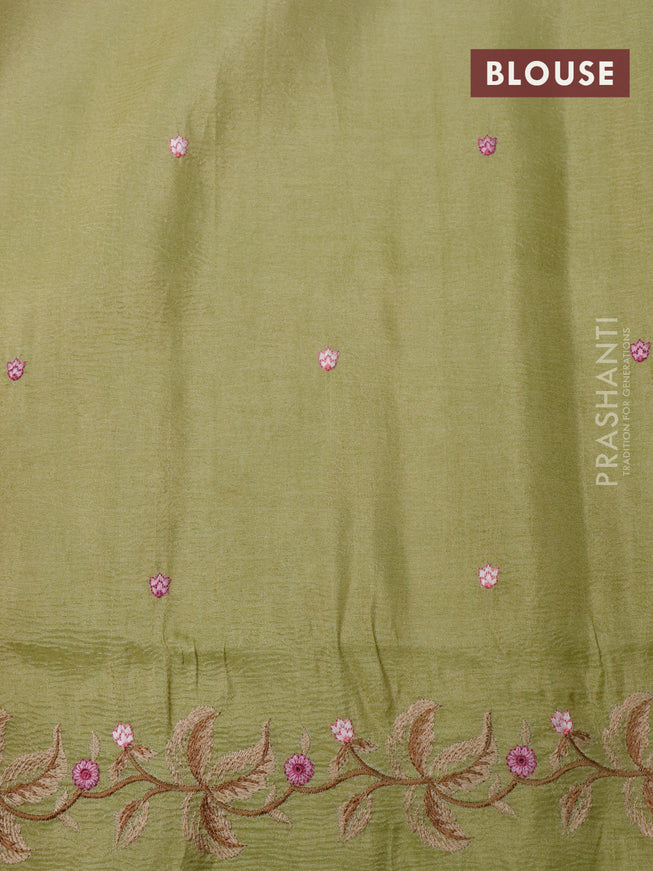 Crush tissue saree pista green with embroidery work buttas and floral embroidery work border