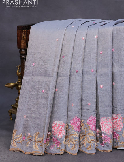 Crush tissue saree grey and dark grey with embroidery work buttas and floral embroidery work border