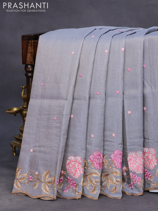 Crush tissue saree grey and dark grey with embroidery work buttas and floral embroidery work border