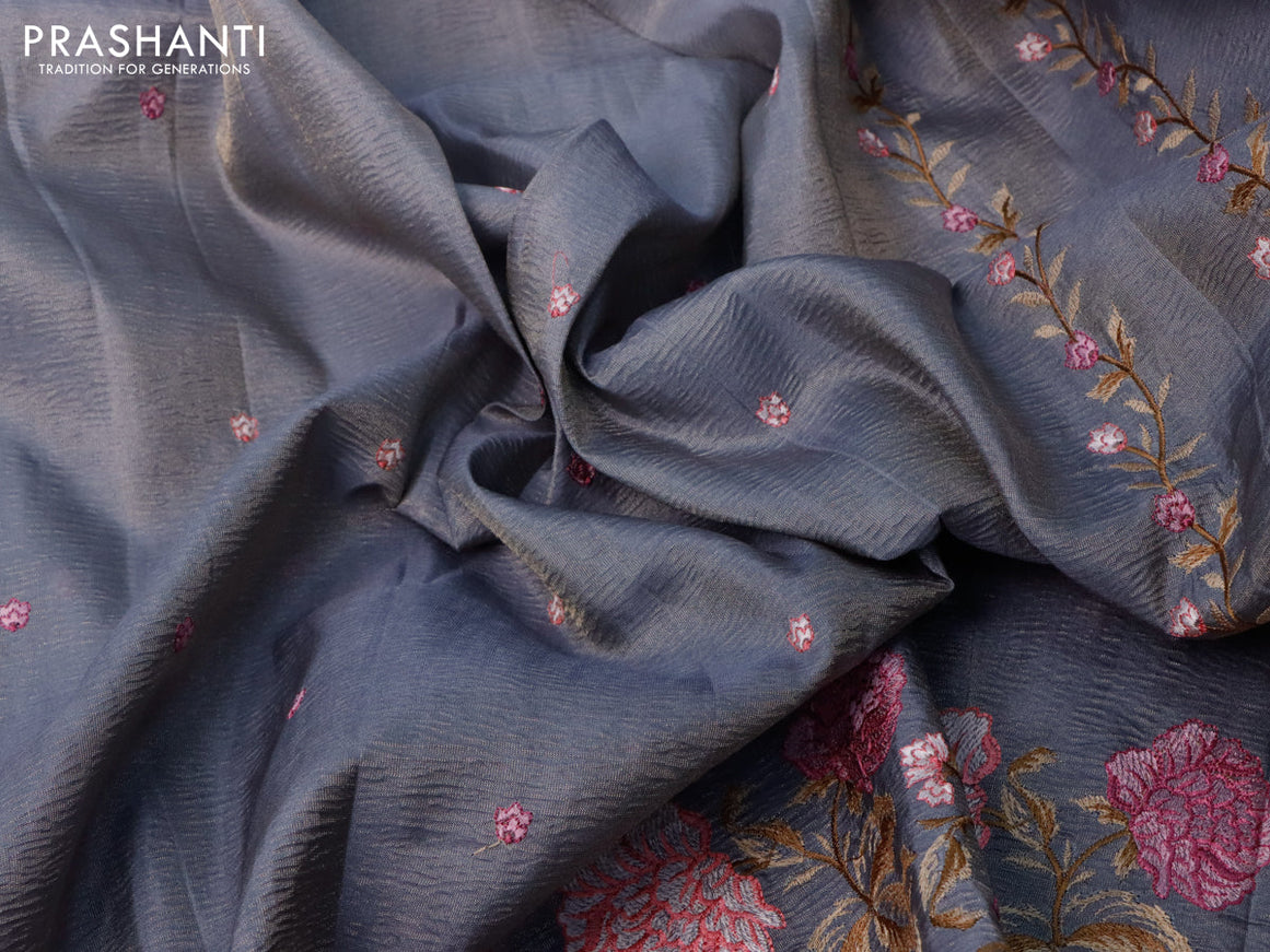 Crush tissue saree grey and dark grey with embroidery work buttas and floral embroidery work border