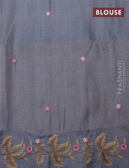 Crush tissue saree grey and dark grey with embroidery work buttas and floral embroidery work border