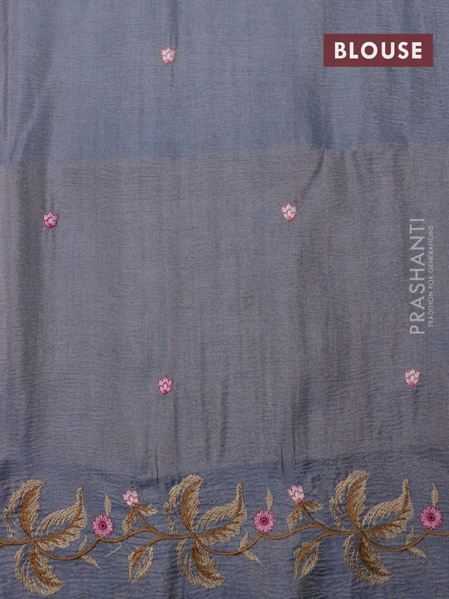 Crush tissue saree grey and dark grey with embroidery work buttas and floral embroidery work border