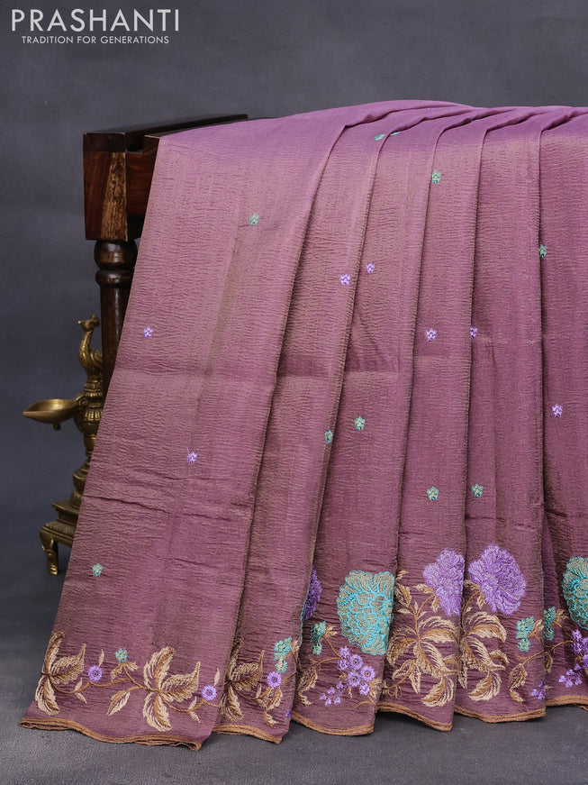 Crush tissue saree mauve pink and wine shade with embroidery work buttas and floral embroidery work border