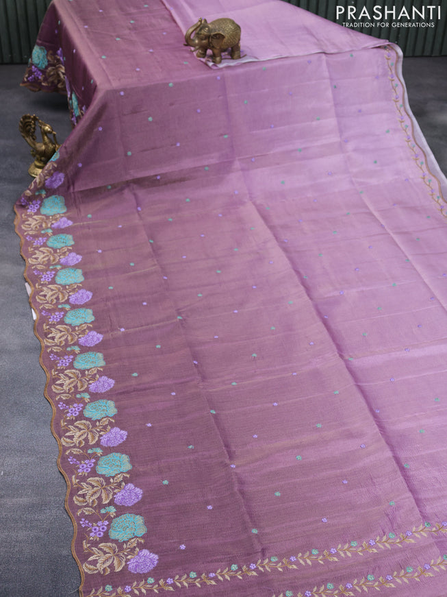 Crush tissue saree mauve pink and wine shade with embroidery work buttas and floral embroidery work border