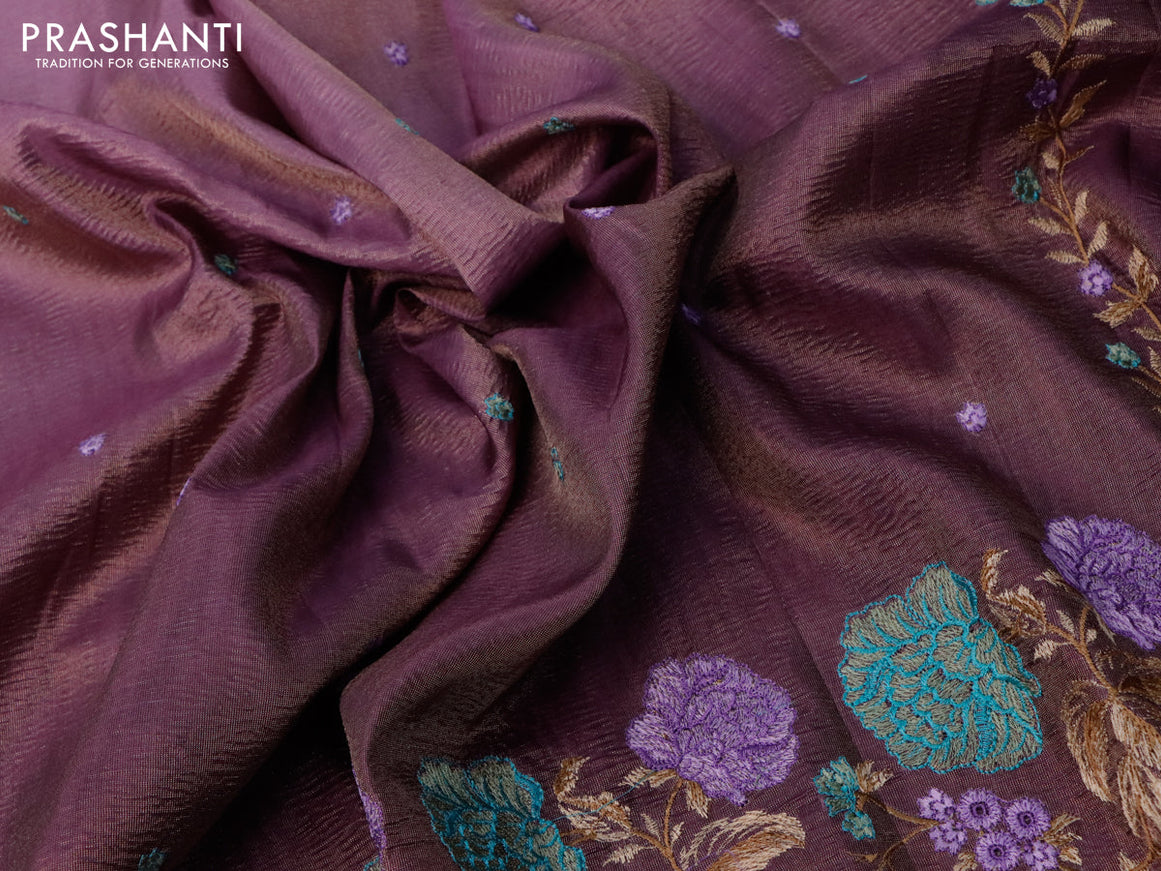 Crush tissue saree mauve pink and wine shade with embroidery work buttas and floral embroidery work border