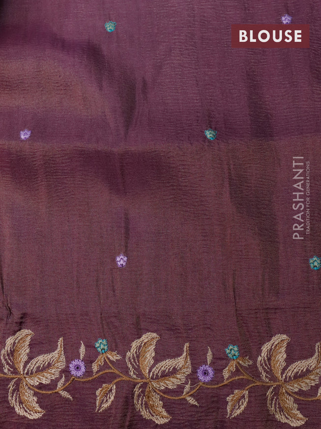 Crush tissue saree mauve pink and wine shade with embroidery work buttas and floral embroidery work border