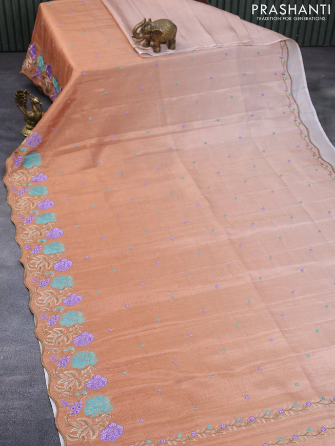 Crush tissue saree rust shade with embroidery work buttas and floral embroidery work border