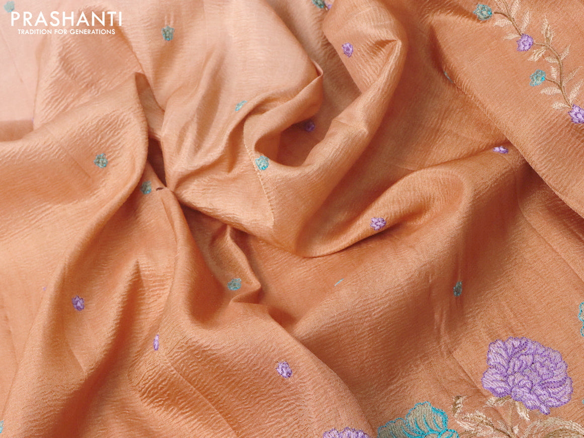 Crush tissue saree rust shade with embroidery work buttas and floral embroidery work border