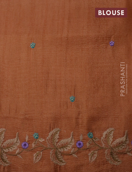 Crush tissue saree rust shade with embroidery work buttas and floral embroidery work border