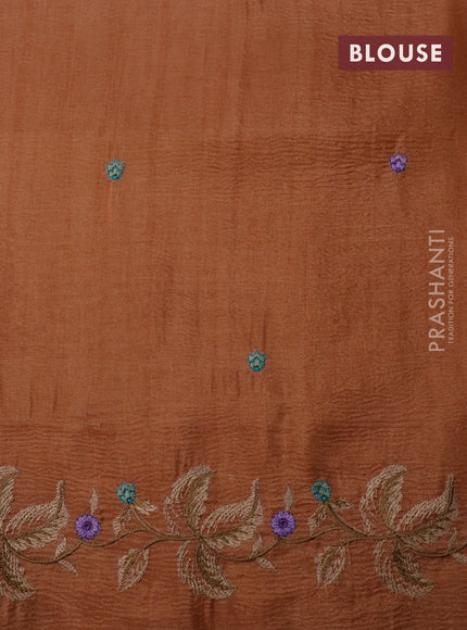 Crush tissue saree rust shade with embroidery work buttas and floral embroidery work border