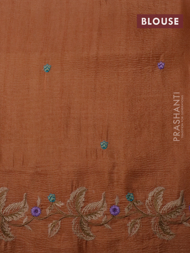 Crush tissue saree rust shade with embroidery work buttas and floral embroidery work border