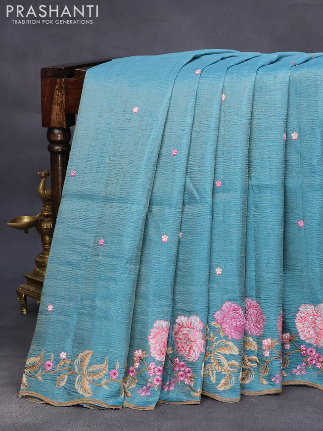 Crush tissue saree teal blue with embroidery work buttas and floral embroidery work border