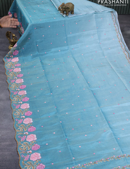 Crush tissue saree teal blue with embroidery work buttas and floral embroidery work border