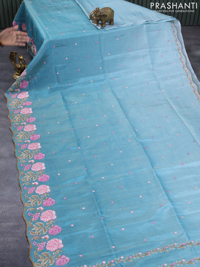 Crush tissue saree teal blue with embroidery work buttas and floral embroidery work border