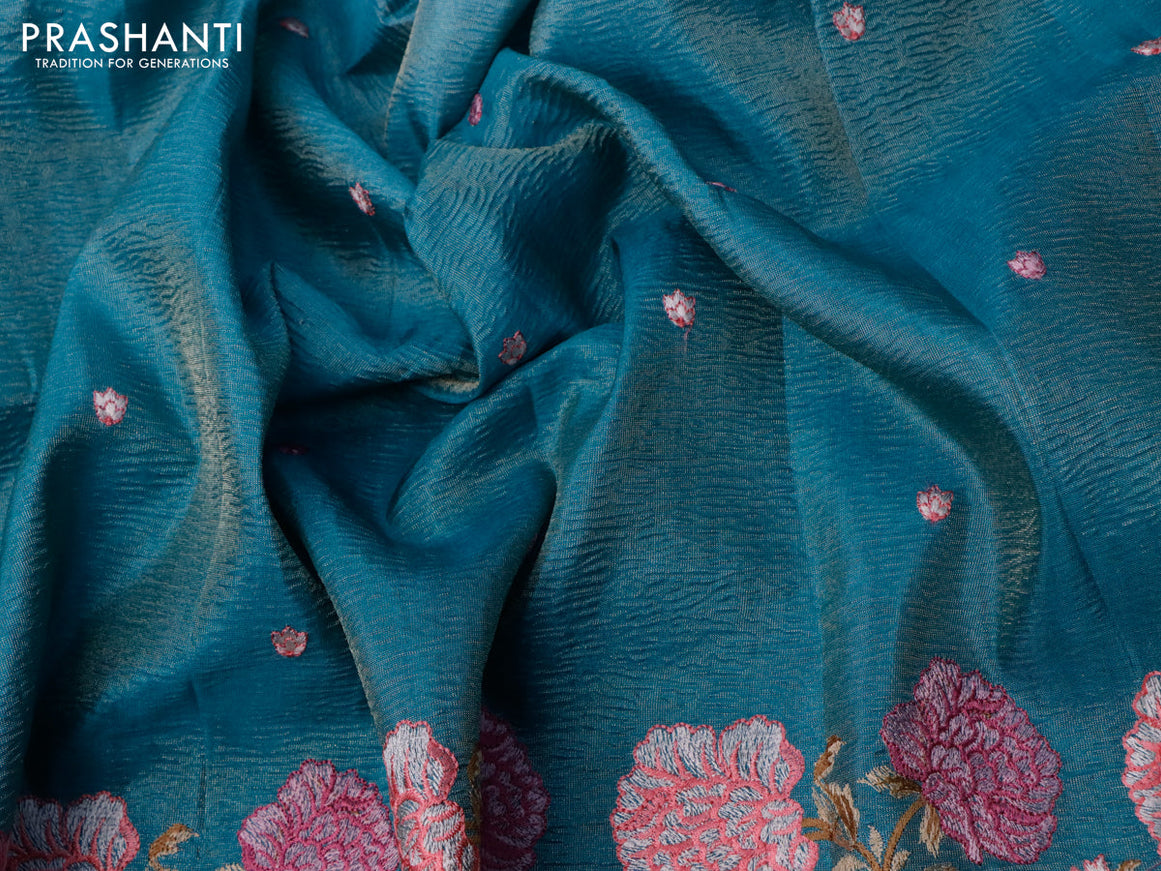 Crush tissue saree teal blue with embroidery work buttas and floral embroidery work border