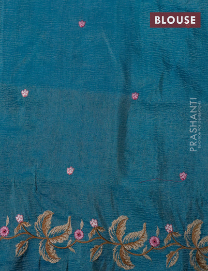 Crush tissue saree teal blue with embroidery work buttas and floral embroidery work border