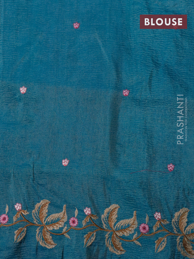 Crush tissue saree teal blue with embroidery work buttas and floral embroidery work border