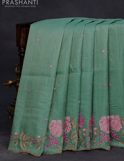 Crush tissue saree teal green with embroidery work buttas and floral embroidery work border