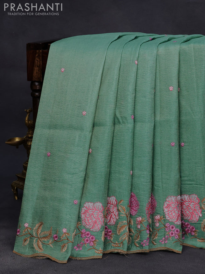 Crush tissue saree teal green with embroidery work buttas and floral embroidery work border