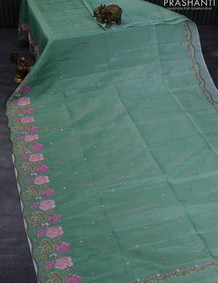 Crush tissue saree teal green with embroidery work buttas and floral embroidery work border