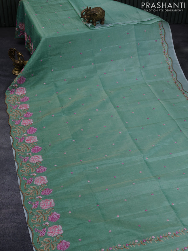 Crush tissue saree teal green with embroidery work buttas and floral embroidery work border