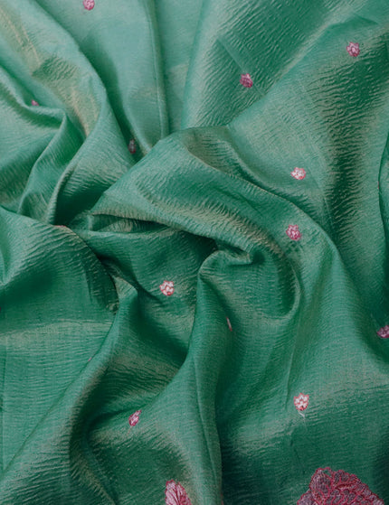 Crush tissue saree teal green with embroidery work buttas and floral embroidery work border