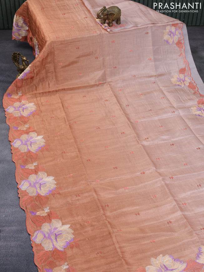 Crush tissue saree rust shade with embroidery work buttas and floral embroidery work border