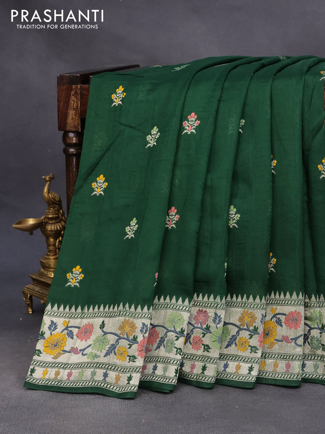 Raw silk saree dark green with thread & zari woven buttas and zari woven floral paithani border