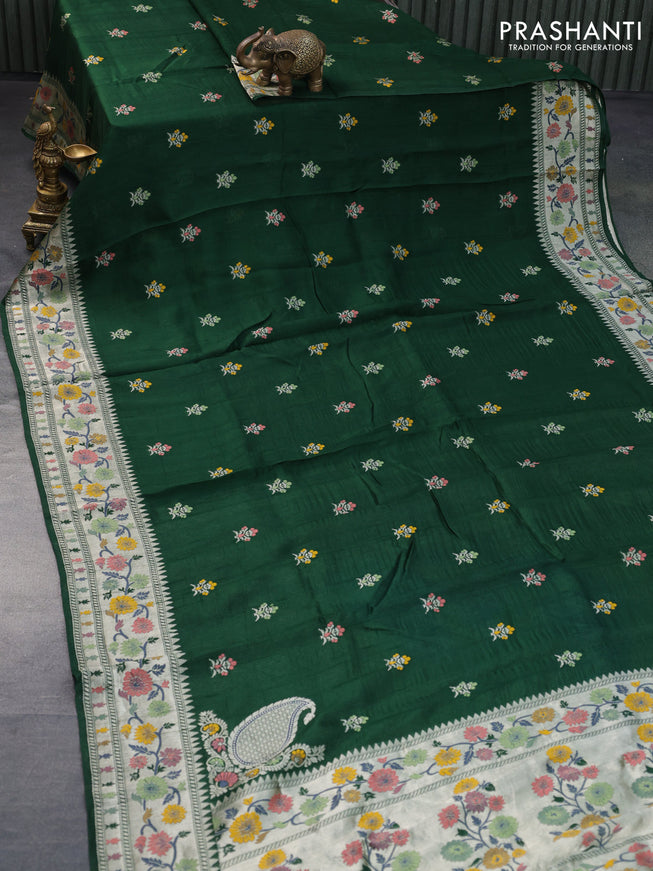 Raw silk saree dark green with thread & zari woven buttas and zari woven floral paithani border