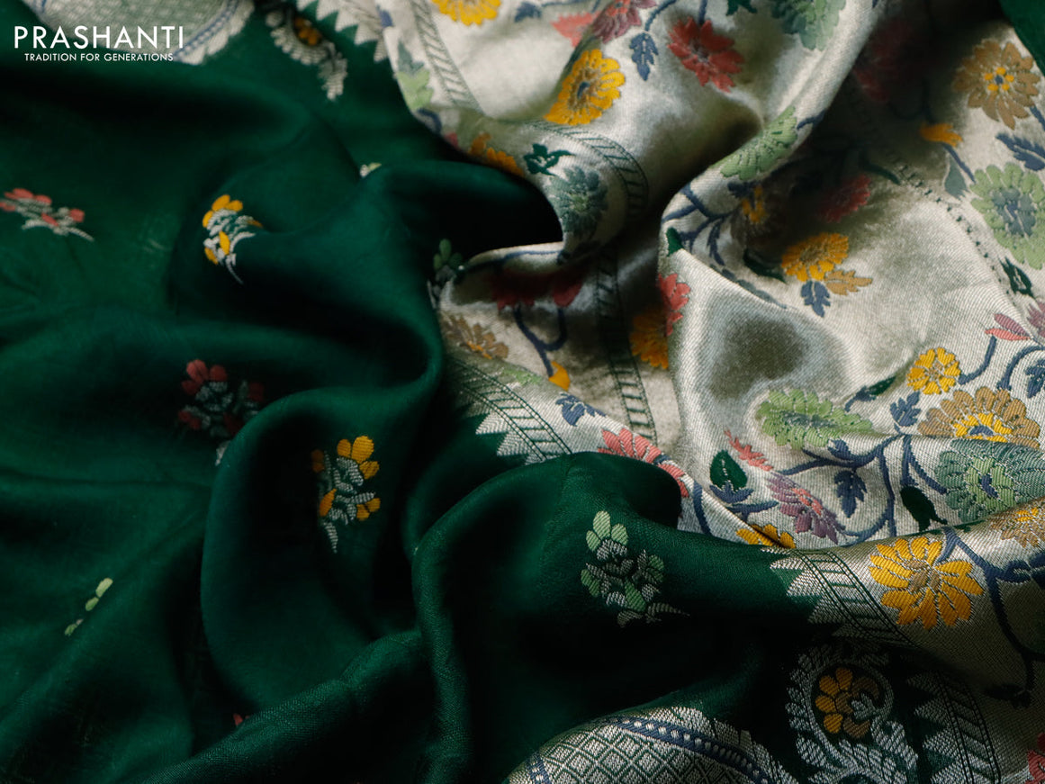 Raw silk saree dark green with thread & zari woven buttas and zari woven floral paithani border