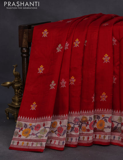 Raw silk saree red with thread & zari woven buttas and zari woven floral paithani border