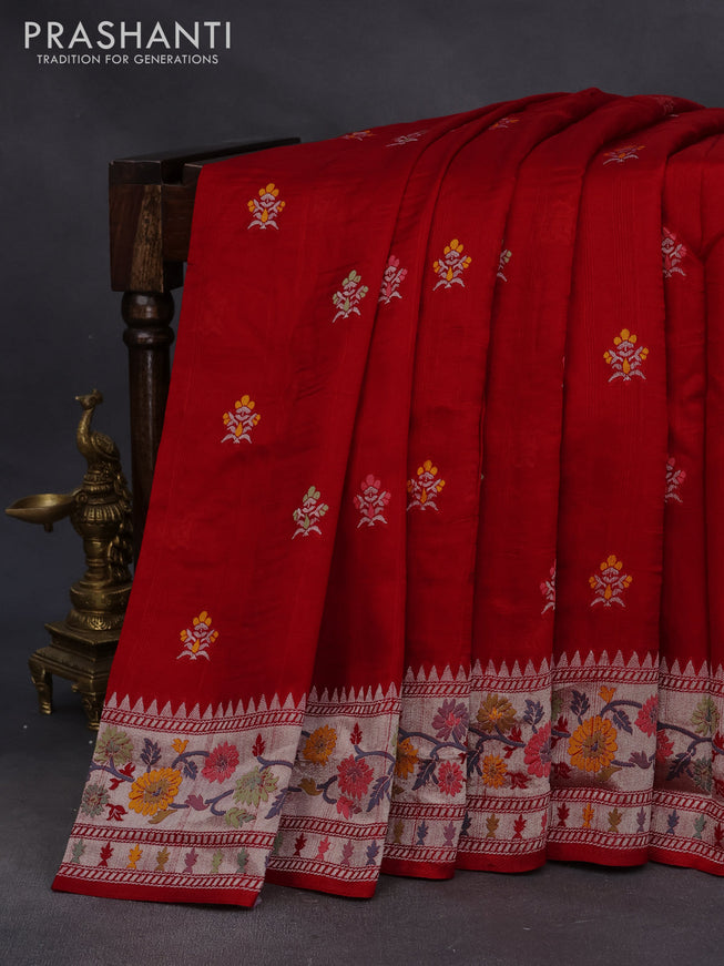 Raw silk saree red with thread & zari woven buttas and zari woven floral paithani border