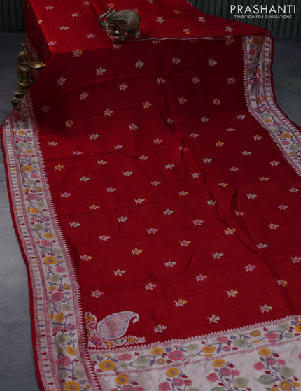 Raw silk saree red with thread & zari woven buttas and zari woven floral paithani border