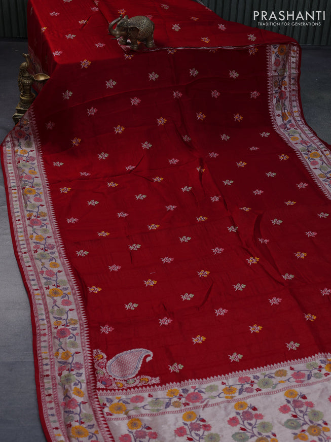 Raw silk saree red with thread & zari woven buttas and zari woven floral paithani border