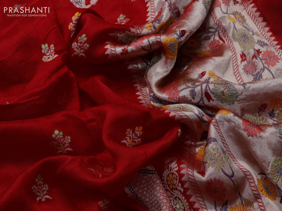 Raw silk saree red with thread & zari woven buttas and zari woven floral paithani border